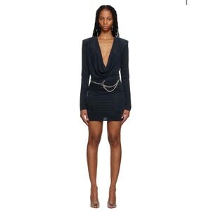 GAUGE81 Aris Mini Dress Black Deep V-Neck Padded Shoulder Chain Belt Small NWT